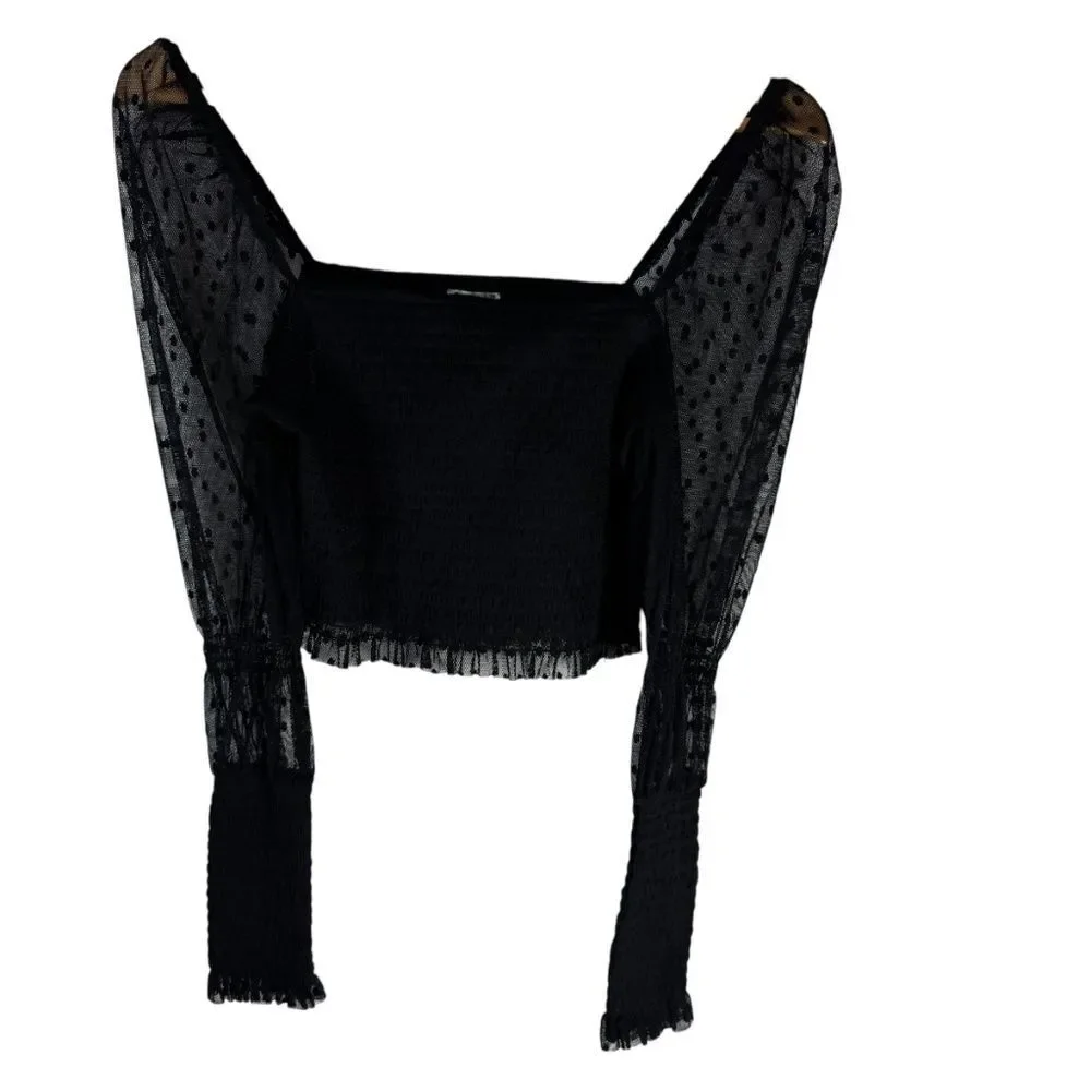 Intimately Free People‎ Puckered Black Crop Top Dotted Mesh Sleeves Sz M